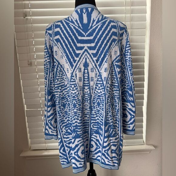 Sold‼️Soft Surroundings Siva Jacquard Open Front Cardigan Blue White Print Sz M - Picture 2 of 7